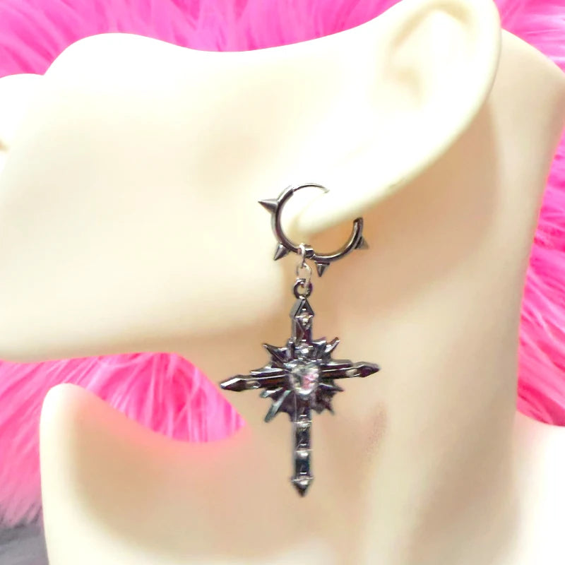 Thorn Spiked Heart Cross Drop Earrings