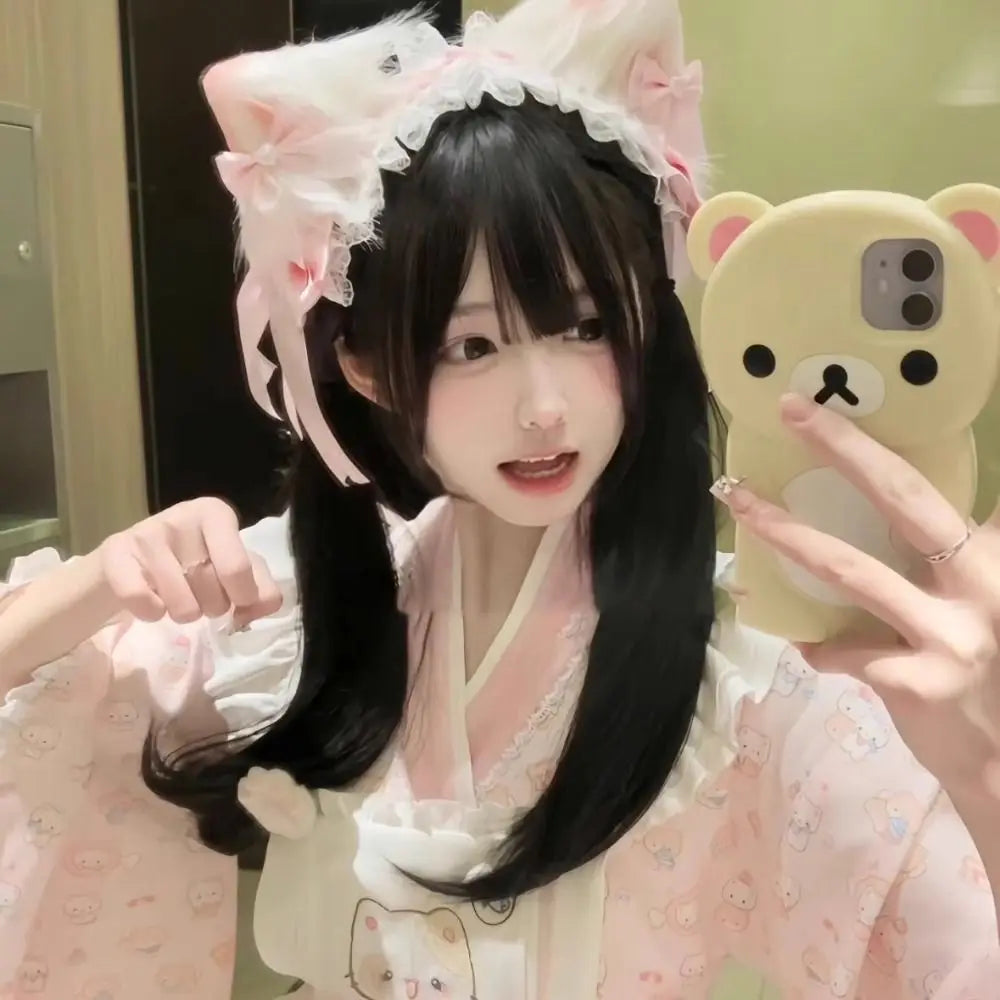 New Lolita Cat Ears Headband Bow Lace Head Wrap Cosplay Headdress Hair Accessories