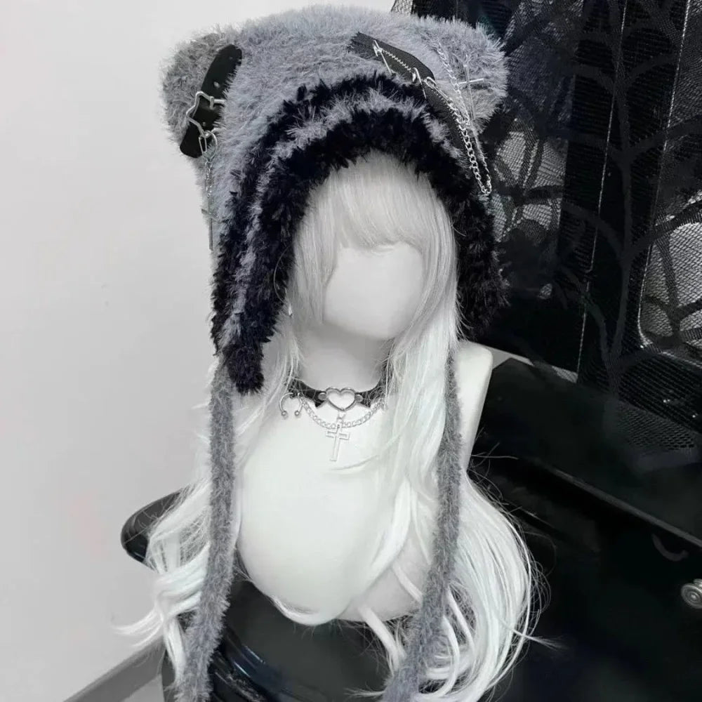 Fuzzy Bear Ear Hat with Chains & Cross