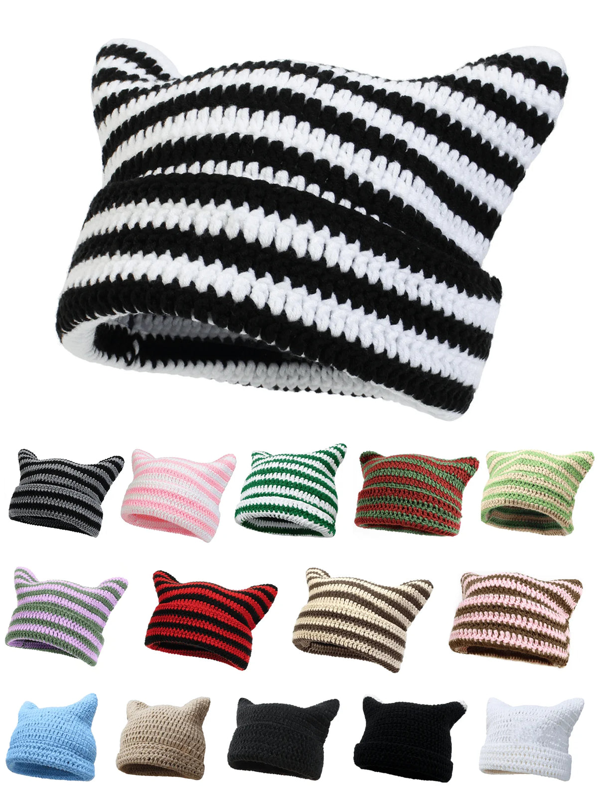 Striped Cat Ear Crochet Beanie