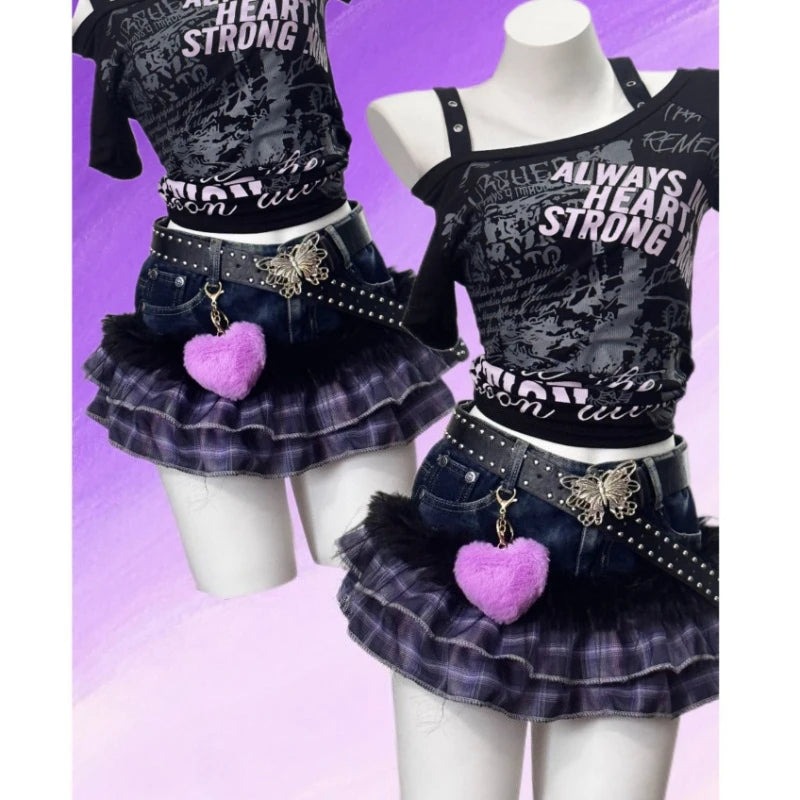 Plaid Layered Ruffle Skirt with Butterfly Belt