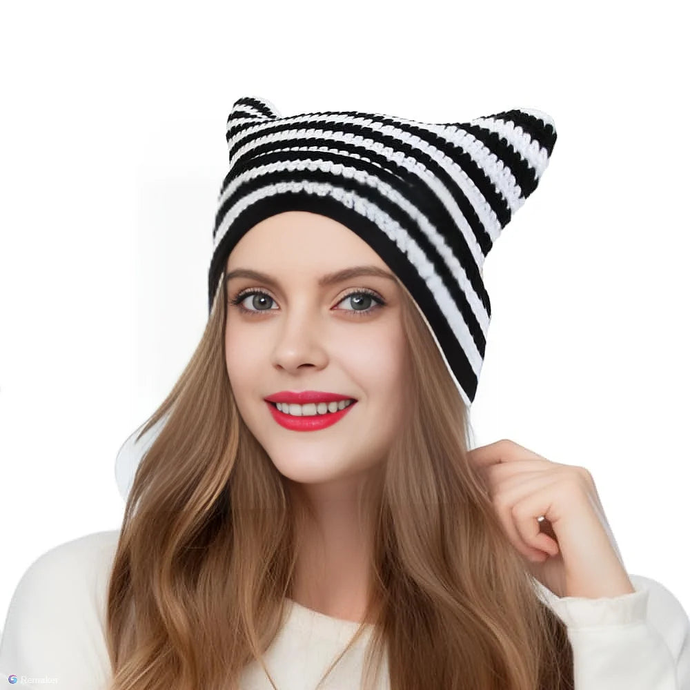 Striped Cat Ear Crochet Beanie