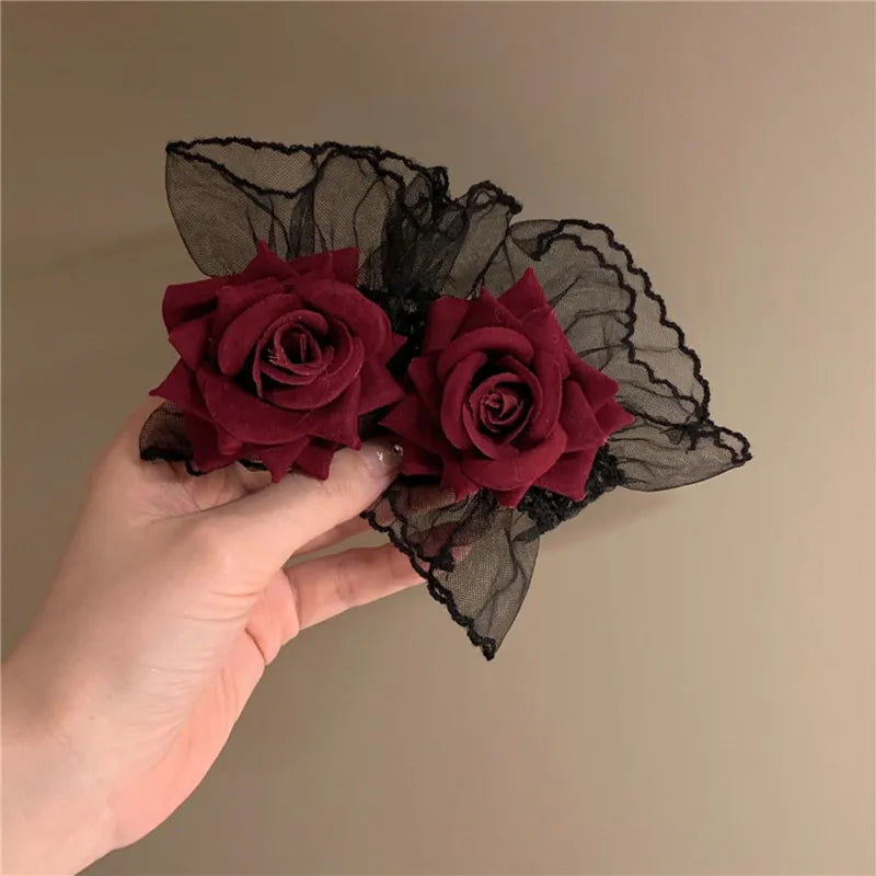 New Fashion Gothic Ruffle Lace Red Rose Wristbands Lolita Charm Bracelets Flower Mesh Hand Ornaments Lace Wristbands Accessories