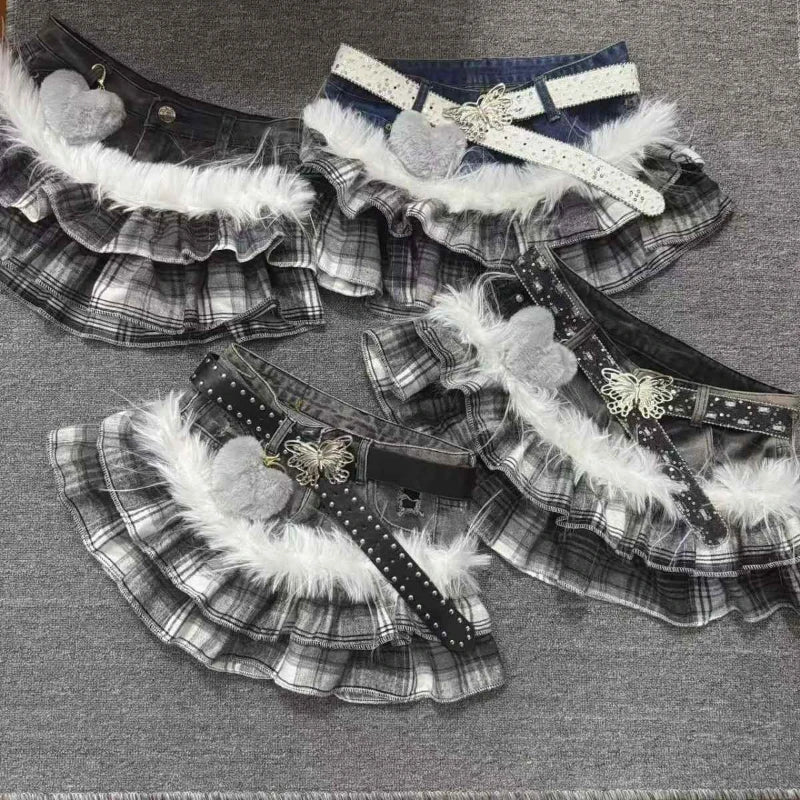 Grey Plaid Denim Ruffle Skirt with Fur Trim
