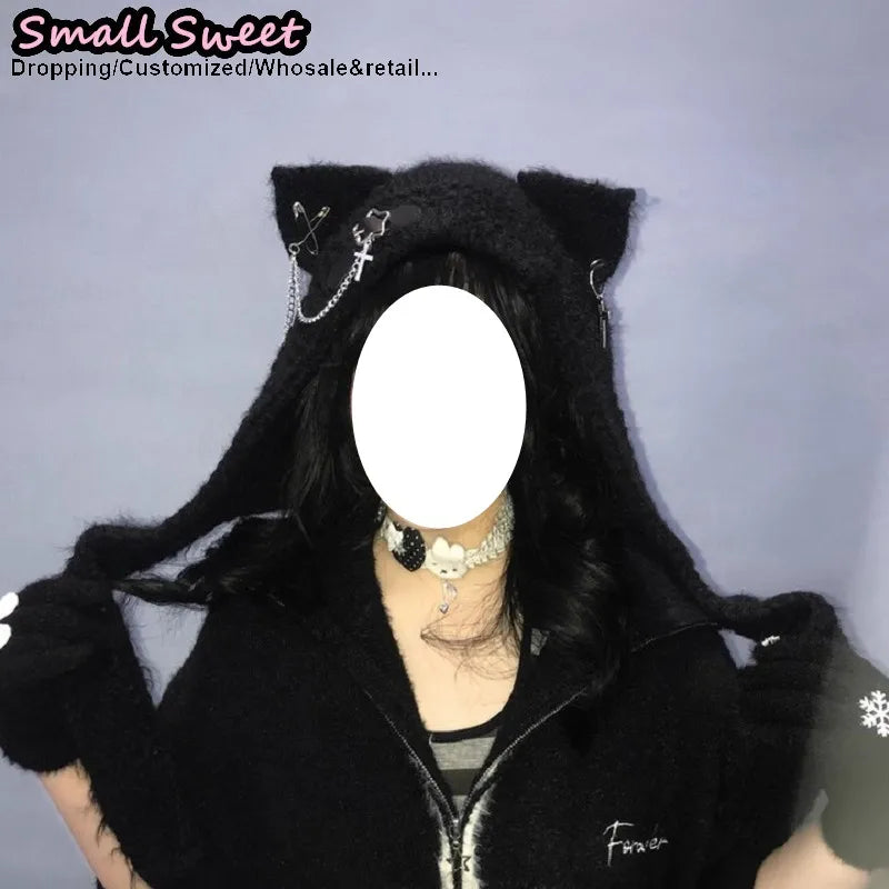 Knit Cat Ear Hood Hat with Scarf Ties