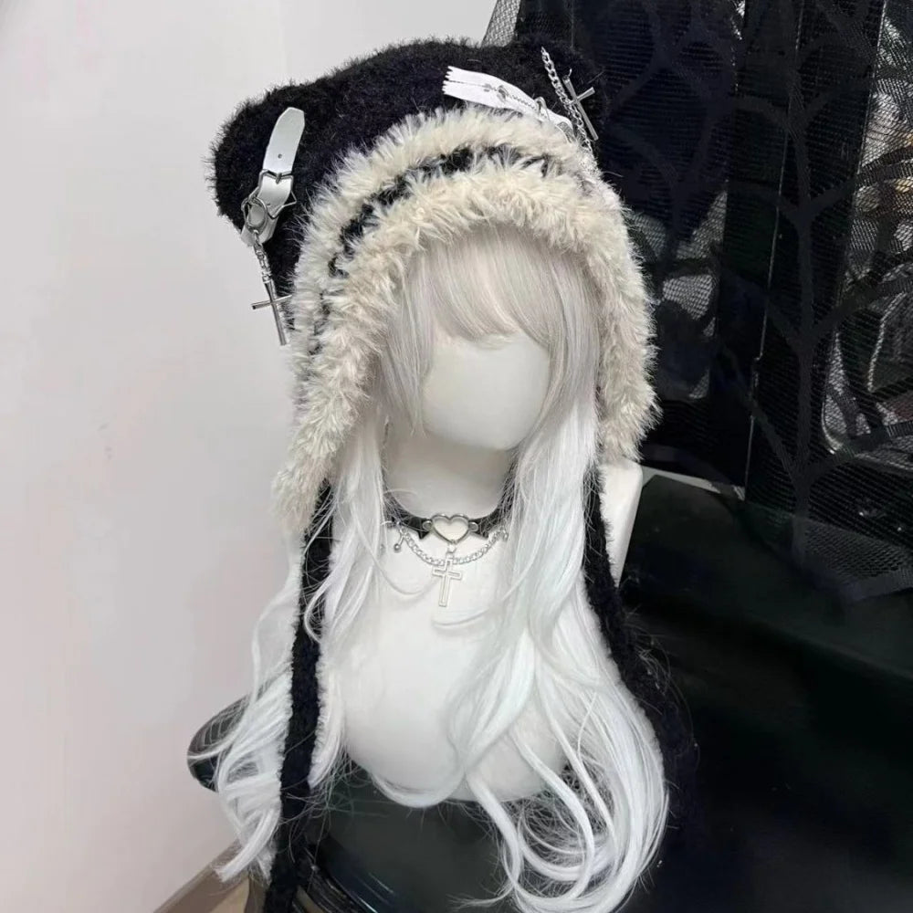Fuzzy Bear Ear Hat with Chains & Cross