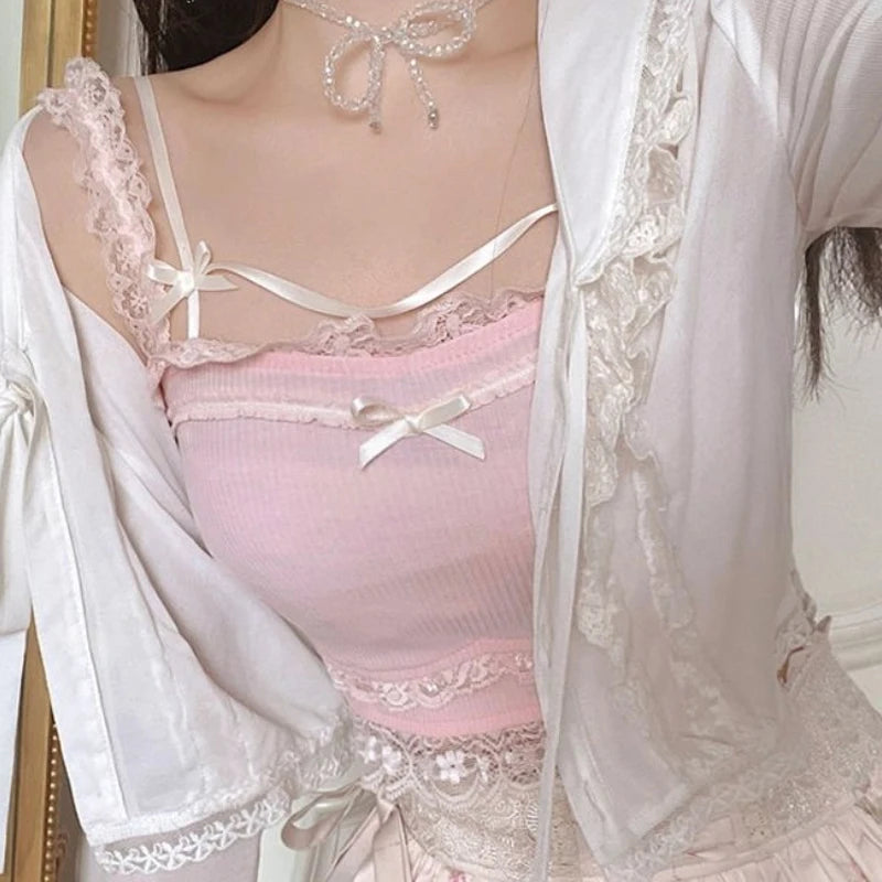 Pink Lace Trim Bow Camisole
