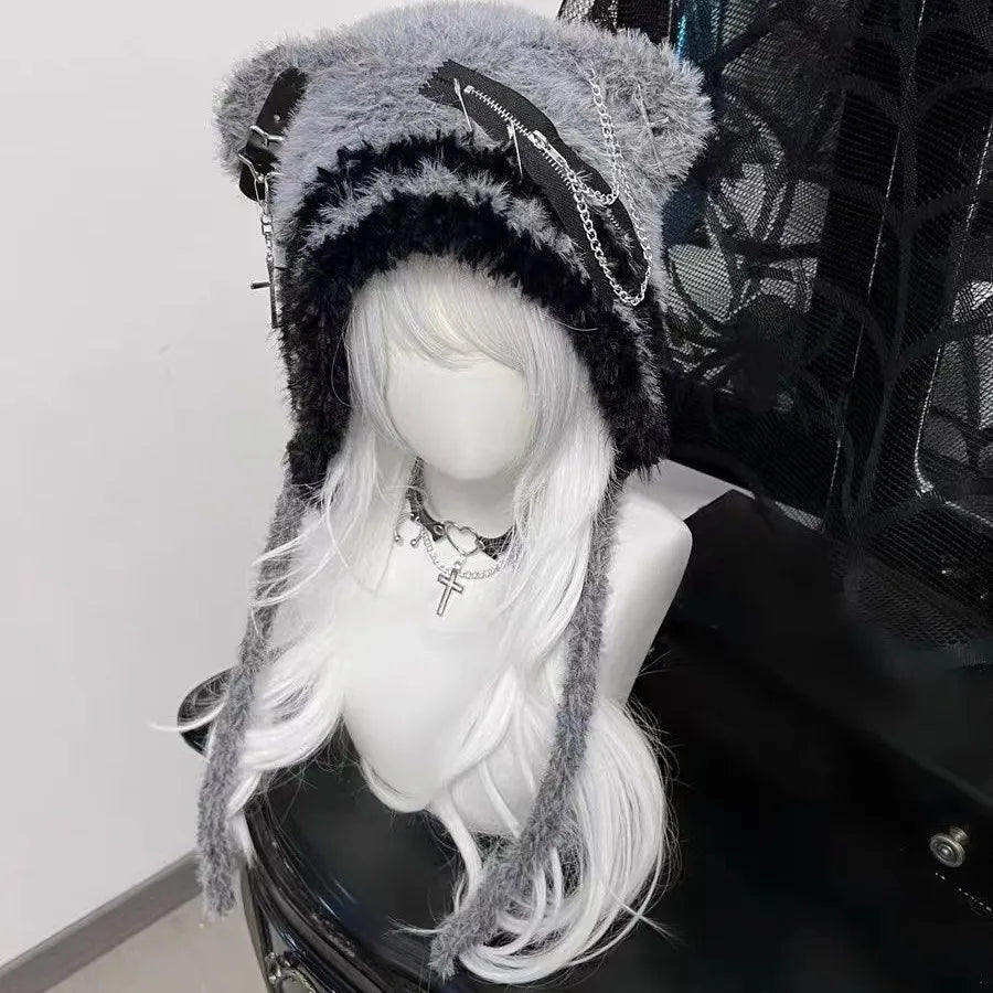 Fuzzy Bear Ear Knit Beanie with Chains & Cross