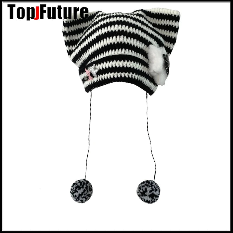 Striped Cat Ear Knit Beanie with Pompom Braids