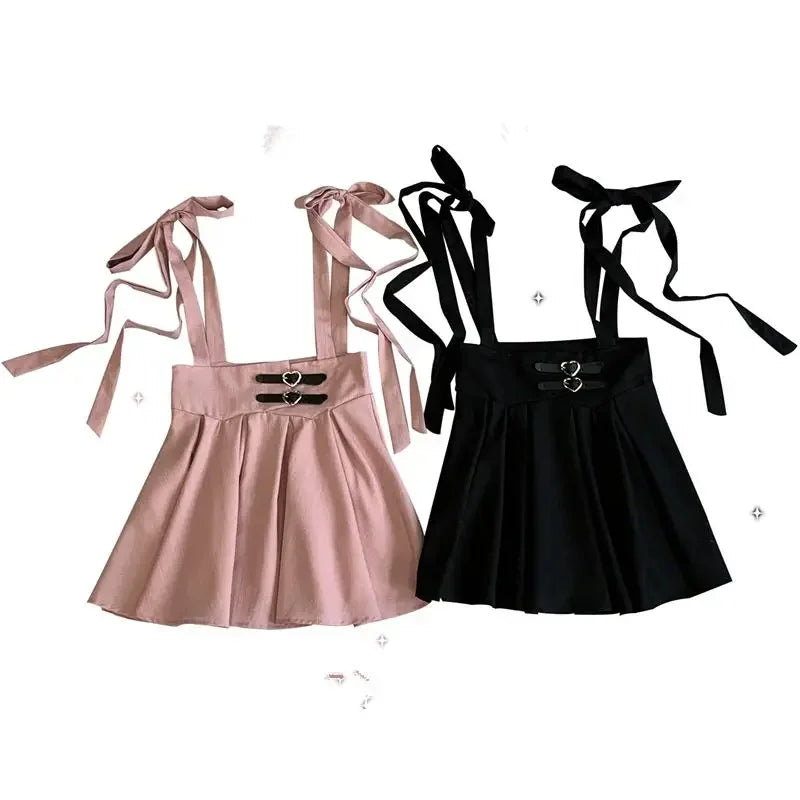 High-Waist Suspender Pleated Mini Skirt