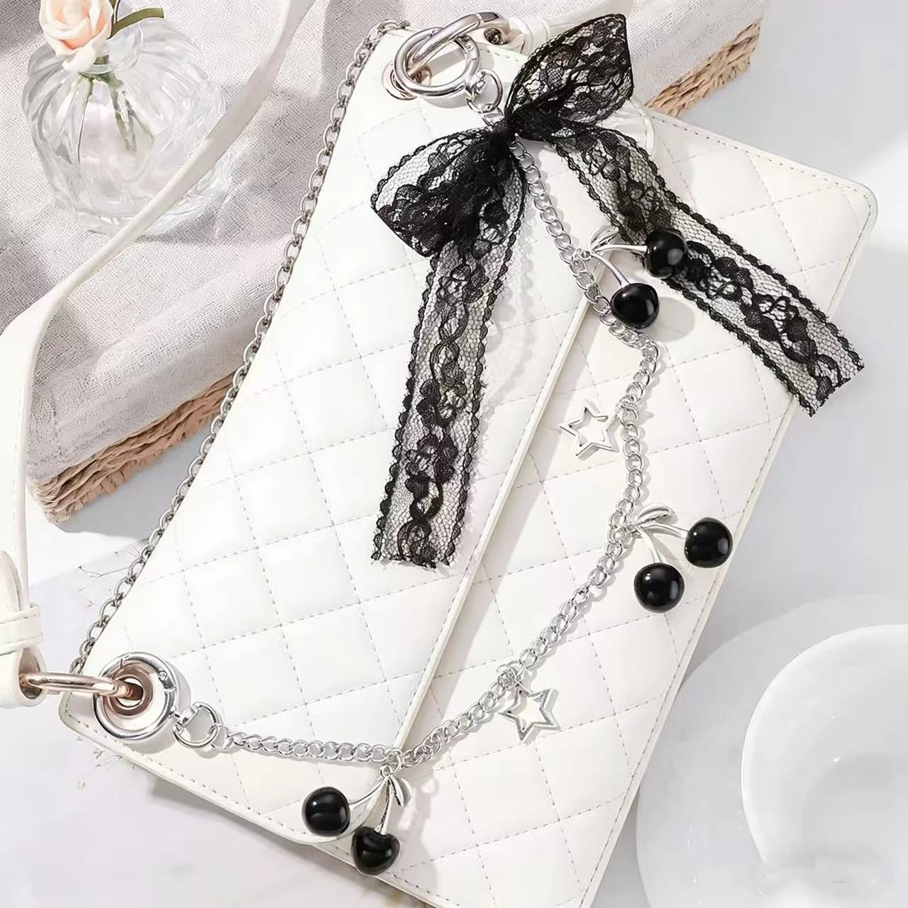 Y2K Cherry Bag Chain with Lace Bow, Heart Charm Metal Purse Strap, Aesthetic Bag Accessory for Women Girls
