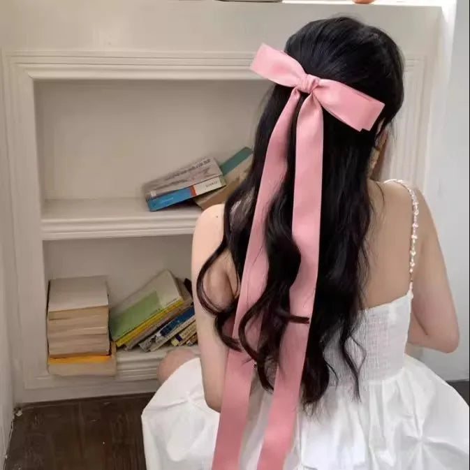 Long Ribbon Pink Bow Hair Clip