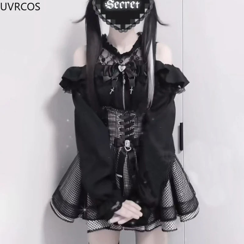 Gothic Y2K Lolita Skirt Set – Lace Off-Shoulder Top & Plaid Skirt