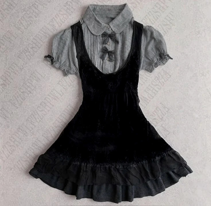 Harajuku Gothic Bow Dress – Y2K Lace Shirt Mini Dress