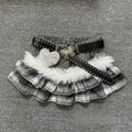 Grey Plaid Denim Ruffle Skirt with Fur Trim