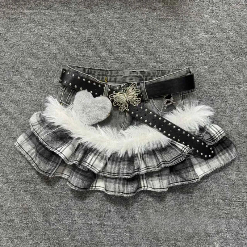 Grey Plaid Denim Ruffle Skirt with Fur Trim