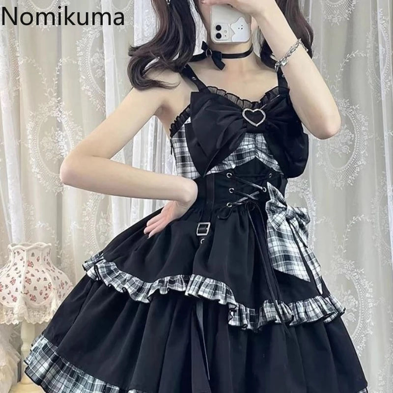 Plaid Lace-Up Heart Bow Lolita Dress