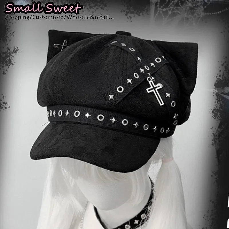 Suede Cat Ear Beret with Star & Cross