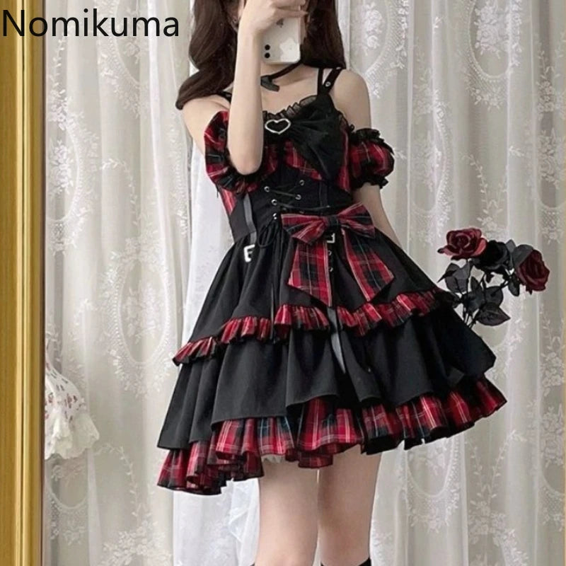 Plaid Lace-Up Heart Bow Lolita Dress