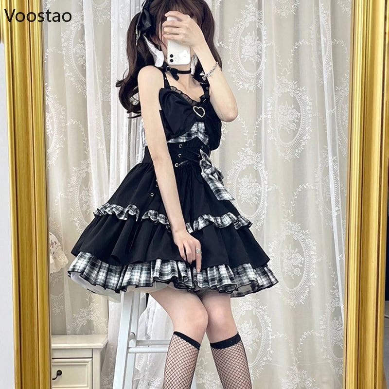 Gothic Punk Lolita JSK Dress – Victorian Plaid Bow Mini Dress