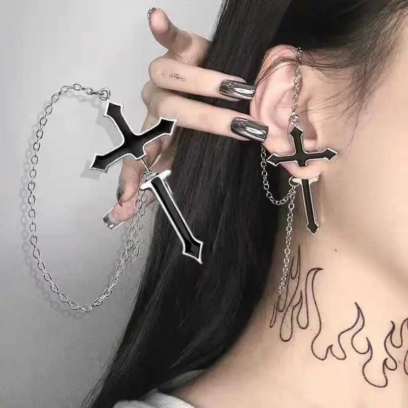 Black Crystal Heart Cross Chain Clip-On Earrings