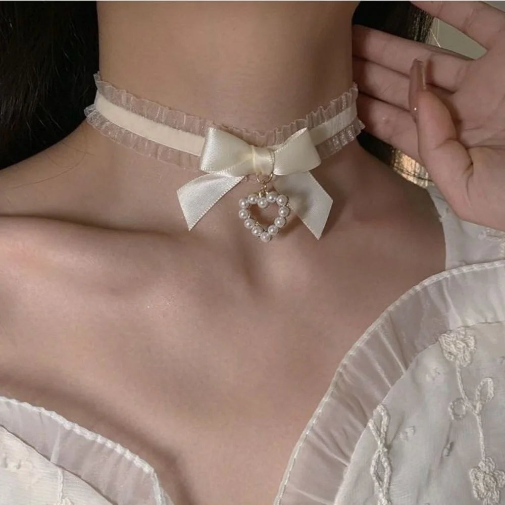 Lace Heart Bow Choker Necklace