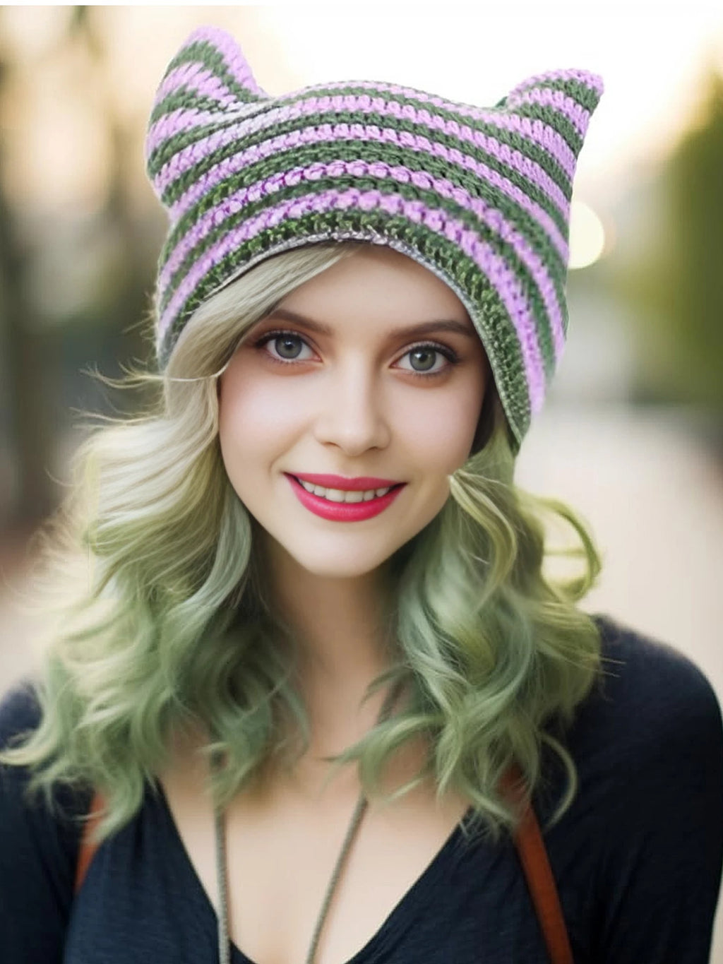 Striped Cat Ear Crochet Beanie