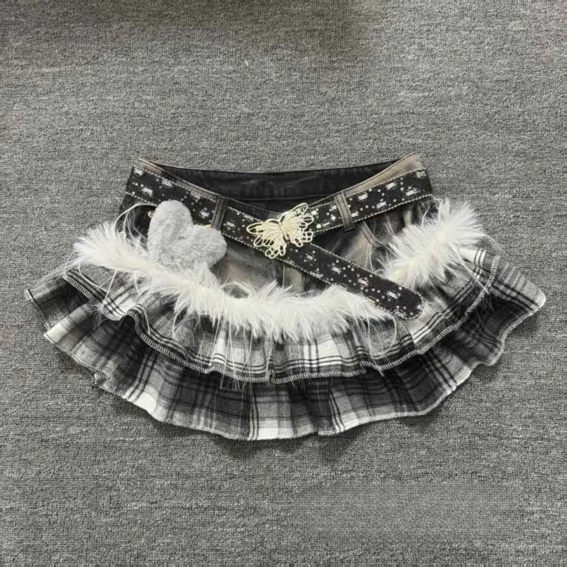 Grey Plaid Denim Ruffle Skirt with Fur Trim
