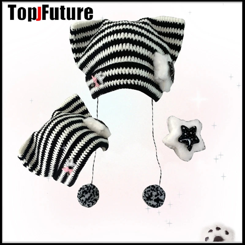 Striped Cat Ear Knit Beanie with Pompom Braids