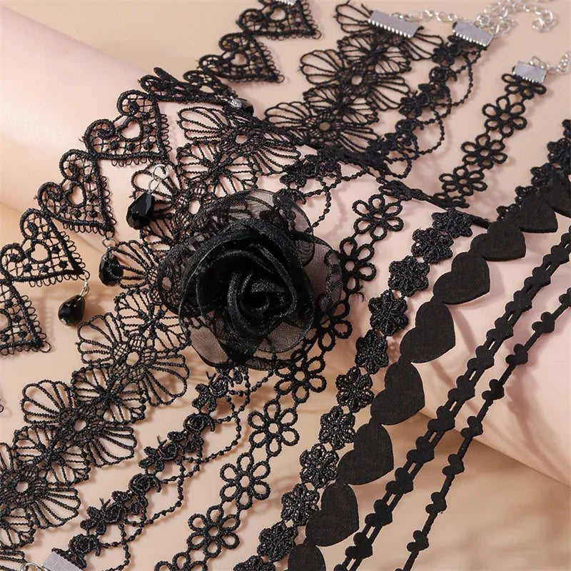 Gothic Lolita Black Lace short chain Choker Sexy Tassels Necklace Hollow out Big Rose Flower Punk Handmade Wedding Jewel - AltBrat