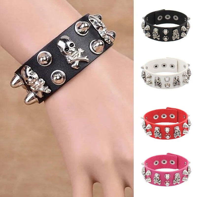 Leather Punk Spike Rock Studded Bracelet Goth Cuff Bracelet Gothic Rivet Buckle Wristband With Metal Chain Skull Accesso - AltBrat
