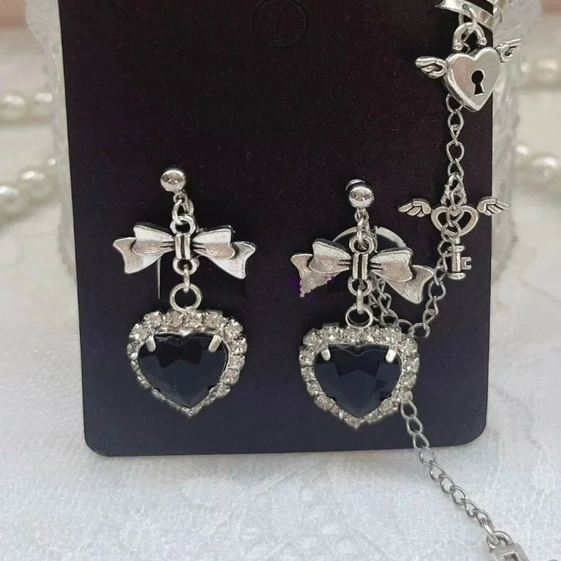 1/2Pcs Punk Black Crystal Heart Earrings Women Men Hip Hop One Piece Ear Bone Clips Bow Pendant Ear Studs Jewelry Gift E - AltBrat