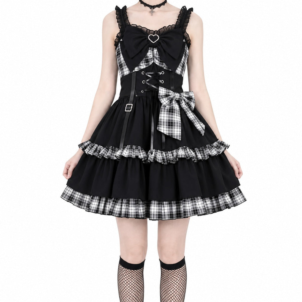 Plaid Lace-Up Heart Bow Lolita Dress - AltBrat