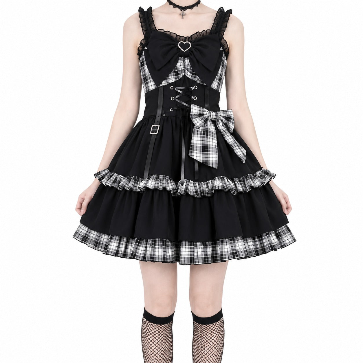 Plaid Lace-Up Heart Bow Lolita Dress - AltBrat