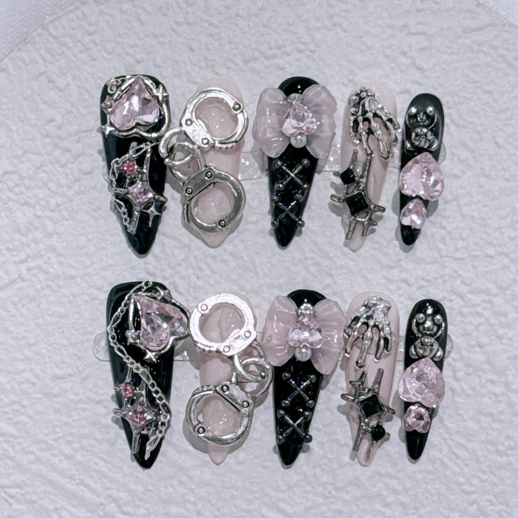 Long Stiletto Press on Fake Nails Blue Heart Diamond Bow Decoration False Nail Y2K Fashion Artificial Nail Handmade Acry - AltBrat