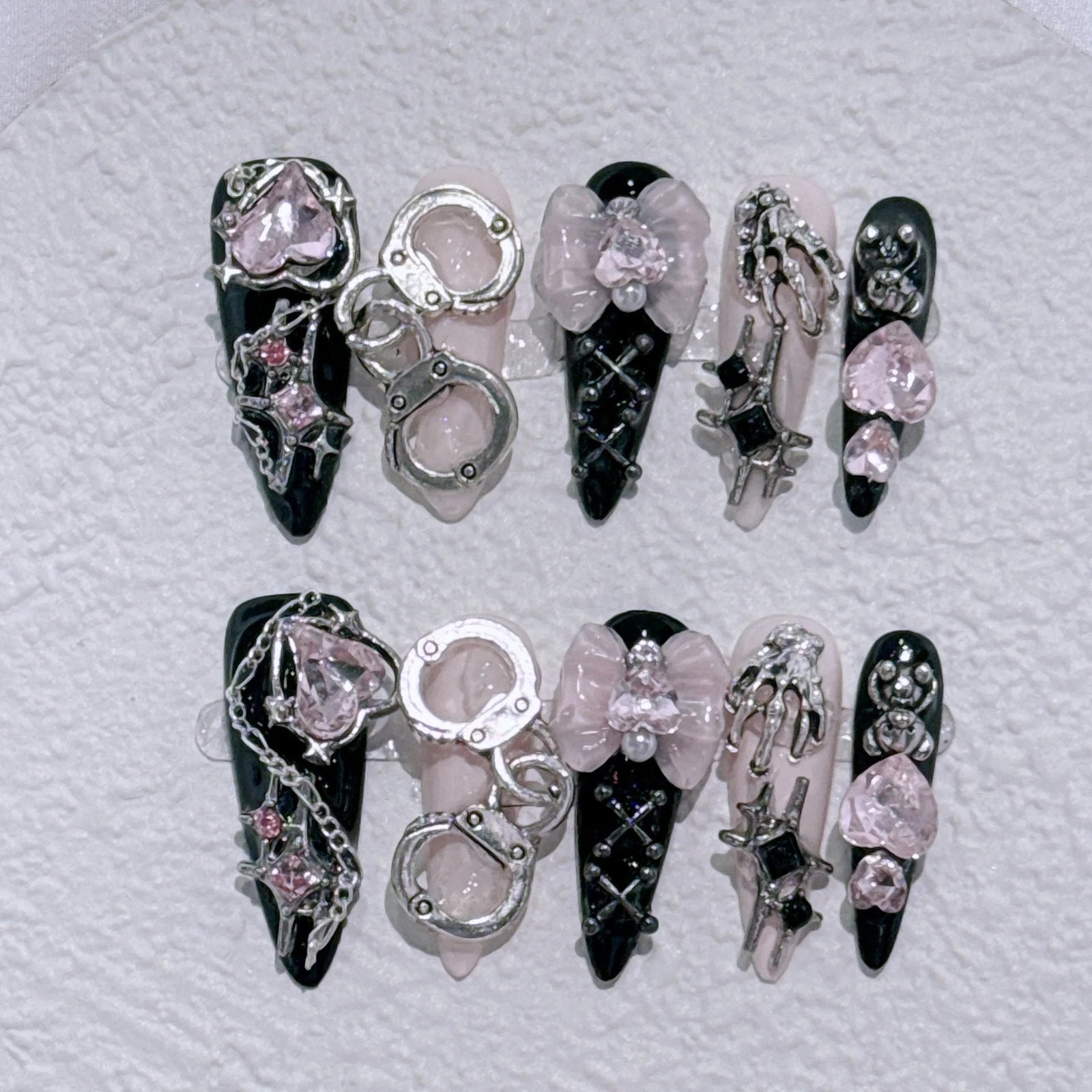 Long Stiletto Press on Fake Nails Blue Heart Diamond Bow Decoration False Nail Y2K Fashion Artificial Nail Handmade Acry - AltBrat