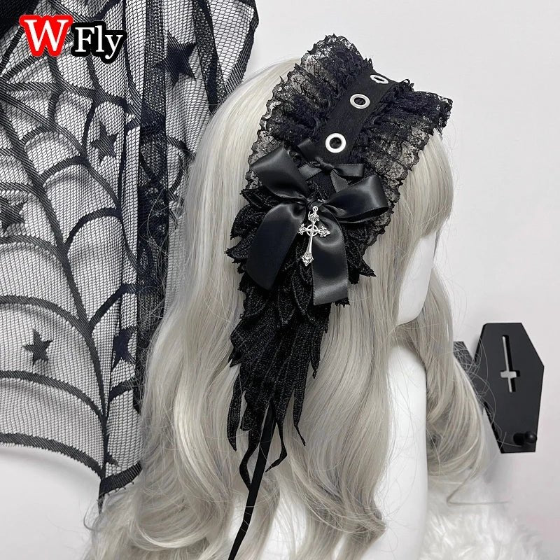 Women's Harajuku Steampunk Y2K Wing Headwear Bow Headband Lolita Gothic Dark Angel Headwear and Hair Accessories - AltBrat