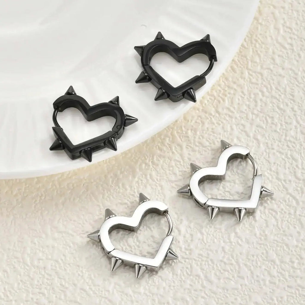 Creative Gothic Punk Rivet Heart Hoop Earrings, Stainless Steel Geometric Piercing Earrings, Unique Cool Jewelry for Par - AltBrat