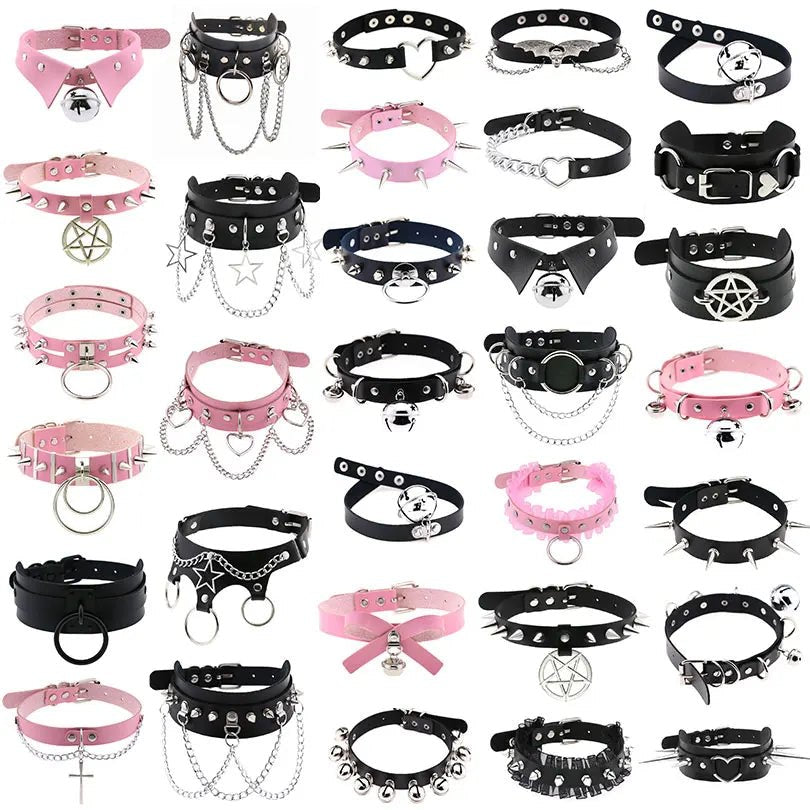 1Pc Harajuku Gothic Spike Rivet Star Necklaces Collares Hip Hop Rock Black Bowknot PU Lace Leather Sexy Y2K Girl Choker  - AltBrat