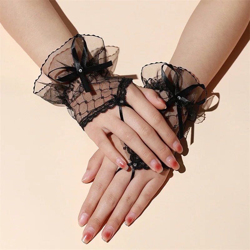 White Net Lace Fingerless Gloves with Ruffle Cuff - AltBrat