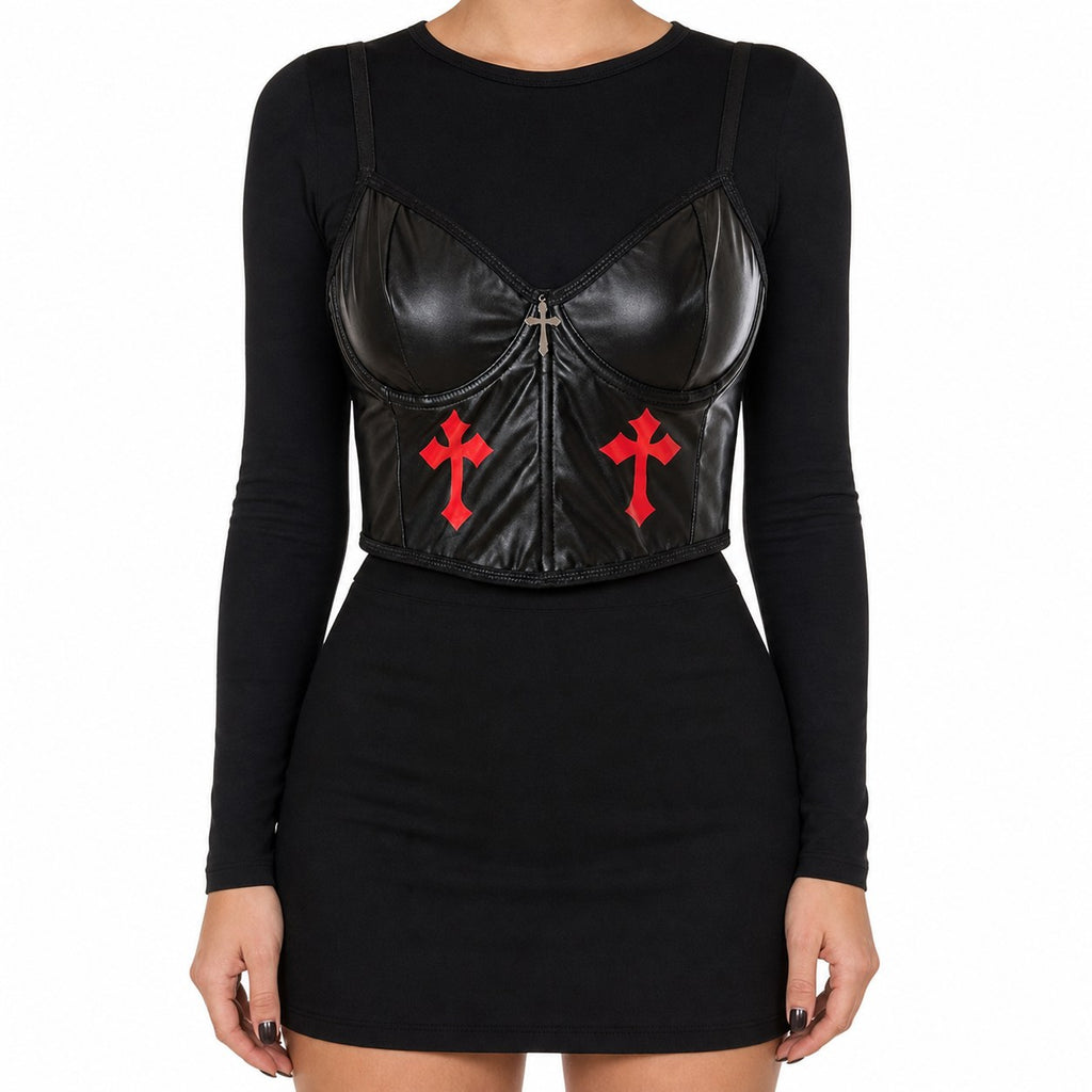 Faux Leather Red Cross Bustier Camisole Top - AltBrat