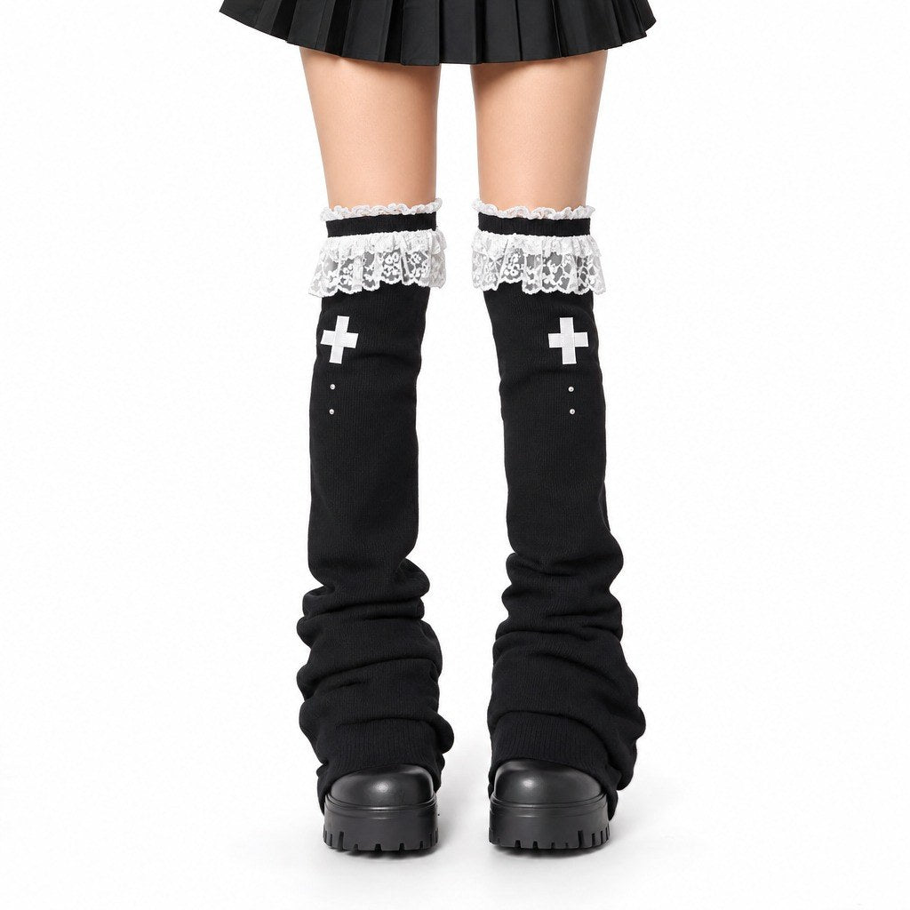 Lace Flare Leg Warmers with Cross Studs - AltBrat