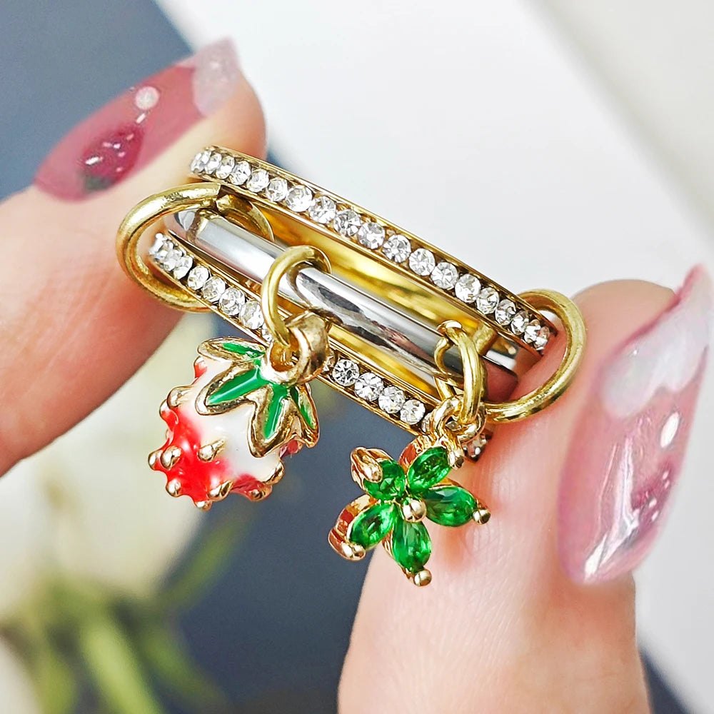 Sweet Strawberry Flower Charm Ring Set For Female INS New Stainless Steel Stacking Spinelli Kilcollin Rings Handmade Y2K - AltBrat
