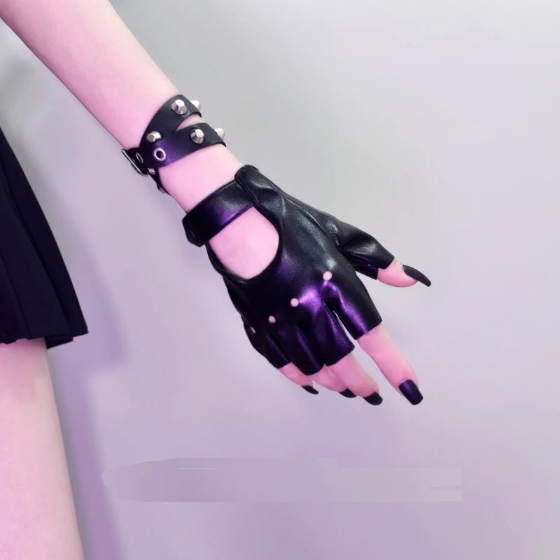 Gothic Half Finger hollow out gloves leather spice punk Lolita Unisex Y2K Harajuku photo cool JK sleeve Cosplay accessor - AltBrat
