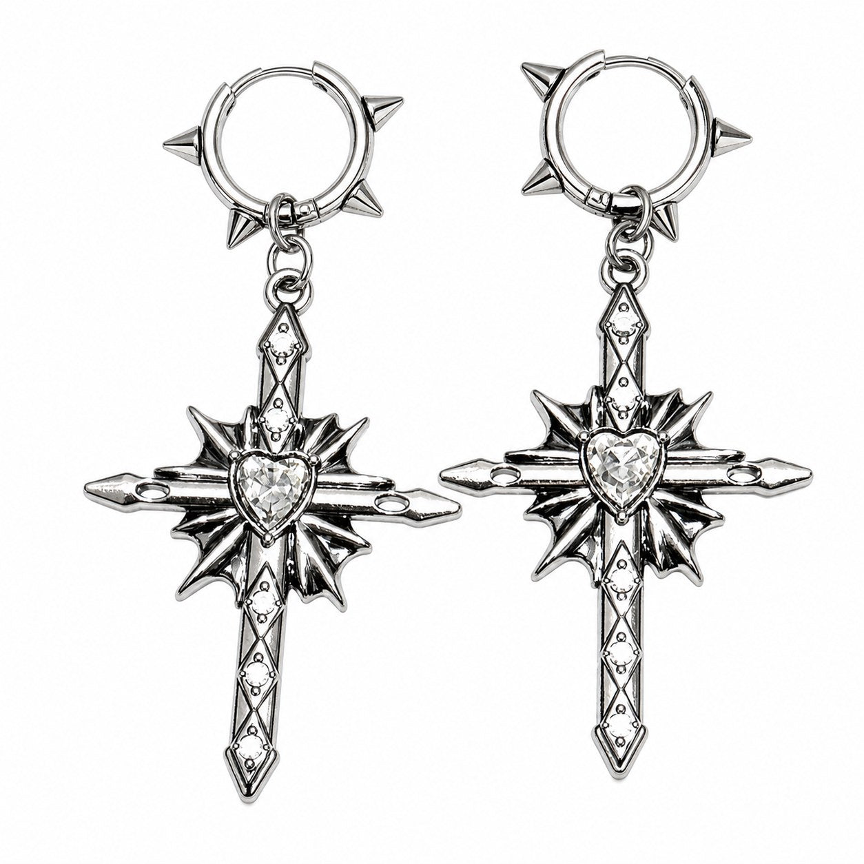 Thorn Spiked Heart Cross Drop Earrings - AltBrat