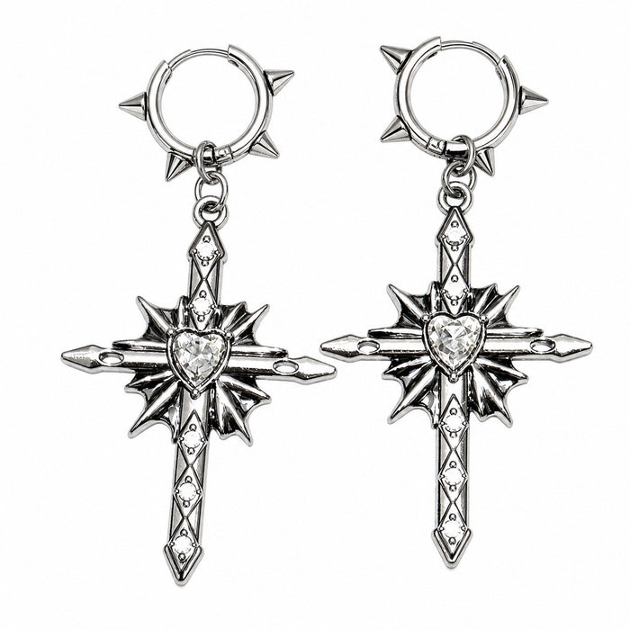 Thorn Spiked Heart Cross Drop Earrings - AltBrat