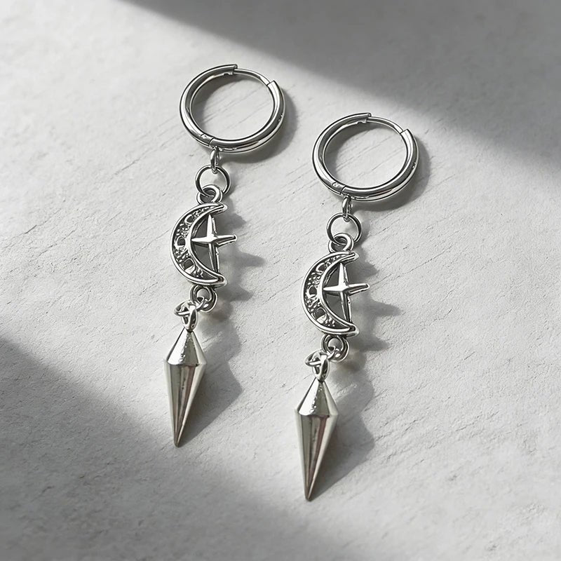 1 pair of punk rock stainless steel pointed star and moon earrings, suitable for women to wear Gothic jewelry accessorie - AltBrat
