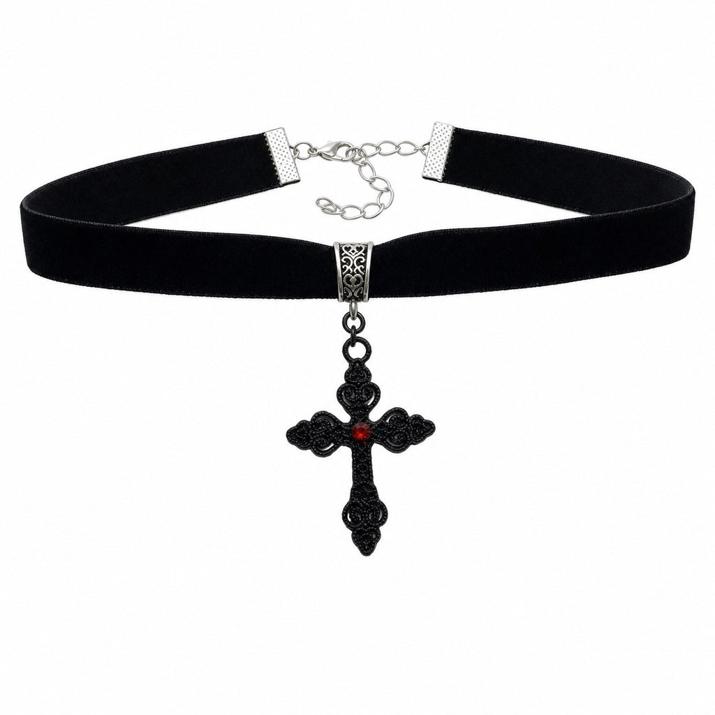 Black Velvet Choker with Filigree Cross - AltBrat