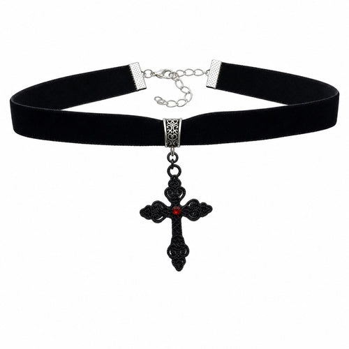 Black Velvet Choker with Filigree Cross - AltBrat