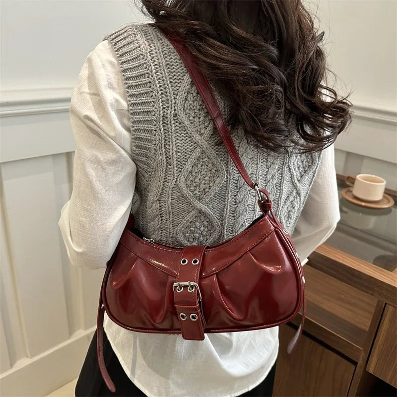 Retro Designer Buckle Armpit Bag Pu Leather Gothic Y2k Shoulder Bag Vintage Cross Body Spicy Girl Handbag Female Purses  - AltBrat